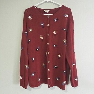 VTG Talbots Womens Cardigan Sweater Size 1X  Red Floral Embroidered Button Front